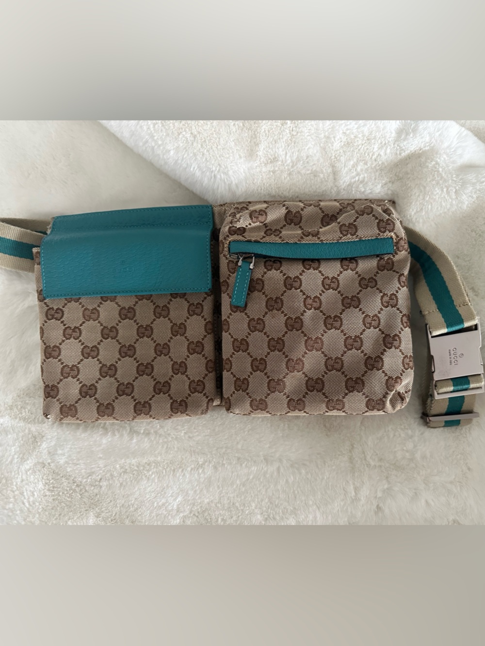 Gucci Beige GG Canvas Crossbody with Teal Leather Accents